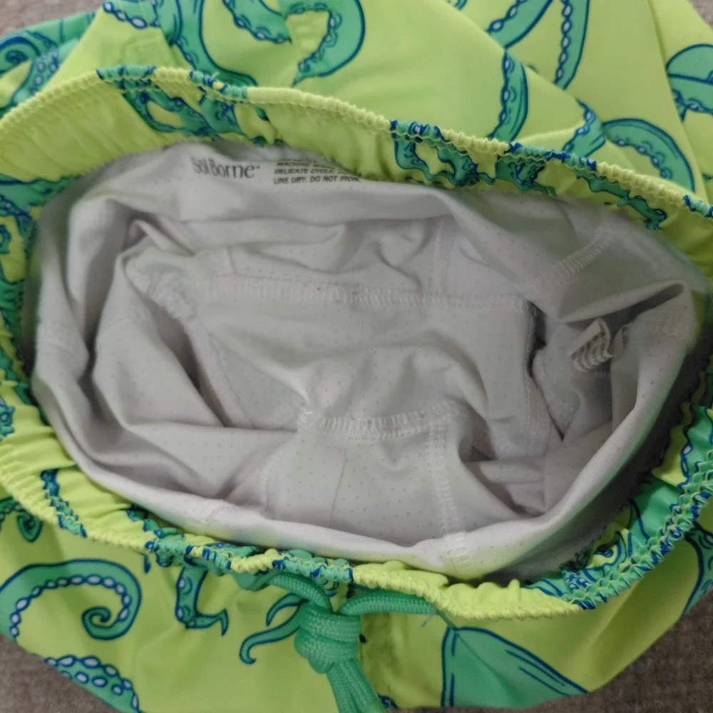 Sol Borne Boys Swim Trunks Neon Yellow Octopus Size XS (5) Elastic Tie Waist